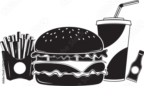 Black and white fast food meal with burger fries soda and bottle