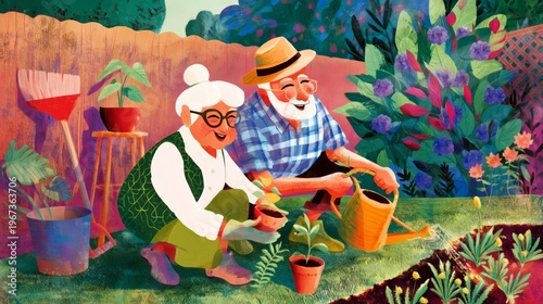 Elderly Couple Gardening Together in a Colorful Backyard During Sunny Afterno...