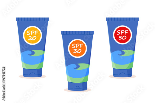Sunscreen creams set with different SPF levels sun protection skincare products