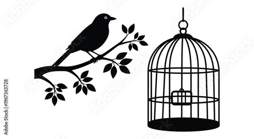 A black bird perches on a branch near an empty birdcage creating a striking image silhouette high quality professional detailed modern