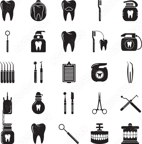 Dental care icon set with 25 black vector elements, professional dentistry tools and tooth hygiene symbols, stomatology equipment collection