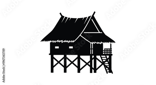 A striking black silhouette of a traditional stilted house with a thatched roof showcasing cultural architecture silhouette high quality professional detailed