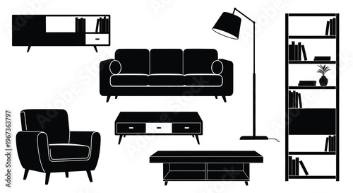 Modern living room furniture arrangement in stark black silhouette