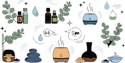 Aromatherapy spa icons set with eucalyptus essential oils diffuser wellness relaxation and natural therapy illustration collection