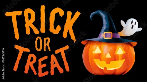 Halloween Decoration With Pumpkin, Ghost, and Words Trick or Treat