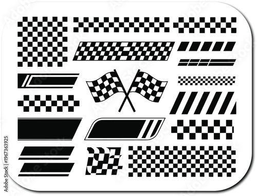 Racing stripe vector illustration set, checkered flag designs and speed lines for race car graphics, motorsport decals, and automotive branding.