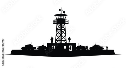 Foto Military outpost with watchtower and tanks a stark silhouette