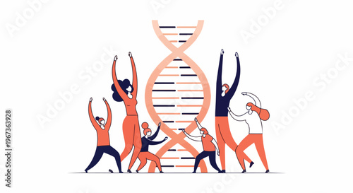 Diverse group of people celebrating and holding hands around a large DNA helix, symbolizing unity and scientific discovery