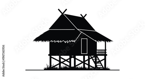 A striking black silhouette depicts a traditional stilted house with a thatched roof offering a minimalist aesthetic silhouette high quality professional