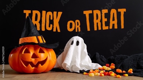 Halloween Celebration With Pumpkin, Ghost Decoration, and Candy on the Table
