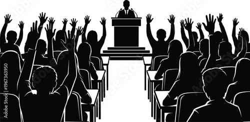 Audience with hands raised in a lecture hall with a speaker at a podium vector