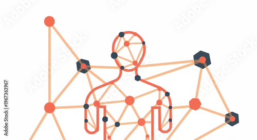 Abstract illustration of human body outline connected by a digital network, symbolizing artificial intelligence, data, neuroscience, and technological integration.