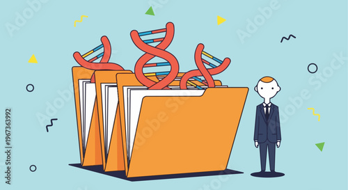 Scientific data management concept: DNA double helix strands emerging from organized file folders, symbolizing genetic information storage, research, and biological data analysis.
