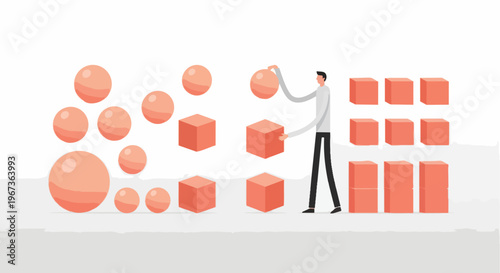 Conceptual illustration of a person organizing and transforming diverse spherical objects into uniform cubic structures, symbolizing data processing, problem-solving, and efficiency.