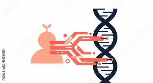 Genetic engineering and biotechnology concept. Human figure connected to DNA helix by data streams, symbolizing gene editing and future life science.