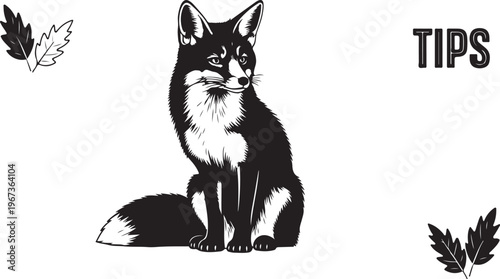 Black and white fox with leaves and tips text
