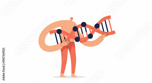 Stylized human character interacting with a large DNA double helix, representing genetics, scientific research, biological discovery, and life's code.