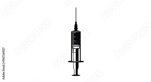 A striking black silhouette of a medical syringe sharply defined silhouette