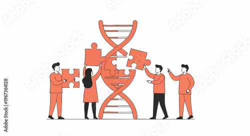 Team of Scientists Collaborating to Assemble DNA Puzzle. Genetic Engineering, Biotechnology Research, and Scientific Innovation Concept.