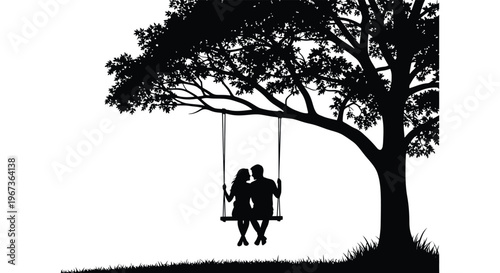 A romantic couple sits on a swing beneath a large tree creating a striking black silhouette high quality professional detailed modern