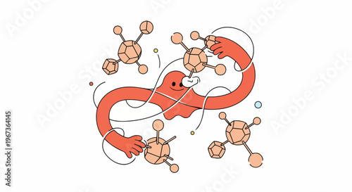 Modern abstract illustration of a red amorphous entity interacting with molecular models, representing scientific research, complex systems, and interconnected concepts.