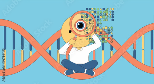 Cartoon character analyzing DNA double helix with a magnifying glass, symbolizing genetic research, biotechnology, scientific discovery, and molecular biology.