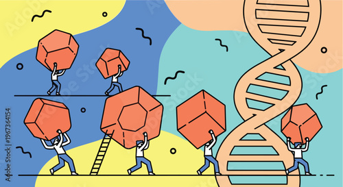 Conceptual illustration: Small figures building complex molecular structures around a large DNA helix, representing genetic engineering, scientific research, and molecular development.