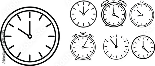 Minimal Clock Outline Icon Illustration with Simple Stroke Lines Depicting Timekeeping Symbol Isolated on a White Background for Minimalist, Productivity, and UI Design Projects