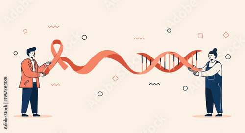 Two people hold a red ribbon and a DNA helix, symbolizing genetic research, disease awareness, and medical breakthroughs.