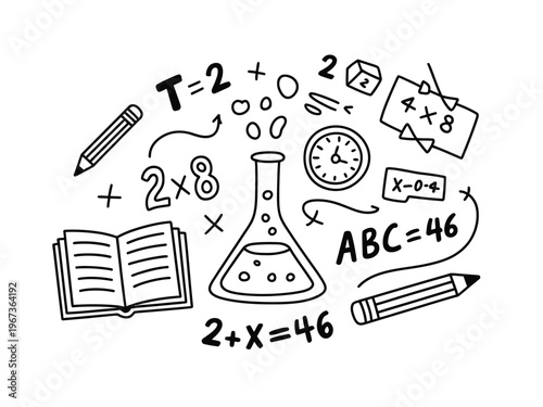 Science sketch icons illustration, hand drawn set with atoms molecules lab tools and formulas for education, research, and academic design.