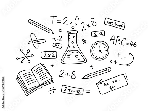 Science elements sketch illustration set, hand drawn icons including atoms molecules lab equipment and formulas for education and research design.