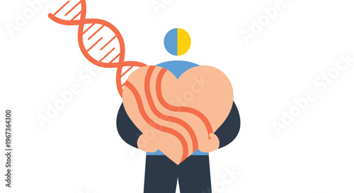 Abstract illustration of a person holding a heart with DNA helix, symbolizing genetic health and well-being