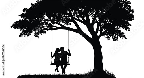 A couple shares a tender moment on a swing beneath a lush tree presented as a striking silhouette high quality professional