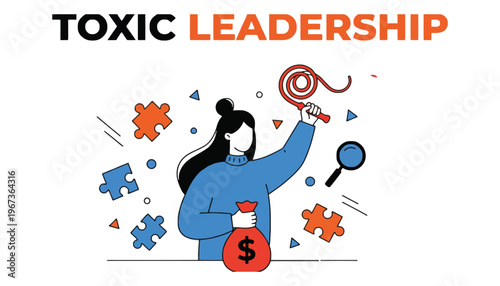 Toxic leadership vector illustration with a woman holding a money bag