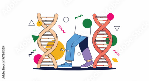 Abstract illustration of a person walking between two DNA strands with colorful geometric shapes and wavy lines