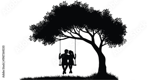 A romantic couple shares a tender moment swinging from a tree branch against a white background silhouette high quality professional detailed