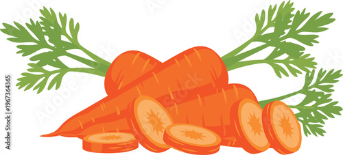 Vibrant orange carrots with green leaves on white background sliced and whole fresh vegetables