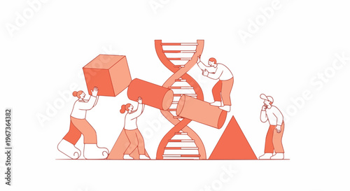 Diverse team of scientists collaboratively building a DNA double helix structure with geometric shapes, symbolizing genetic engineering and research