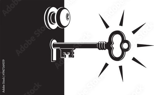 Black and white key unlocking door with sunburst