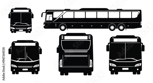 Four black silhouettes of a touring coach displayed from front side and rear views demonstrating vehicle design high quality professional detailed