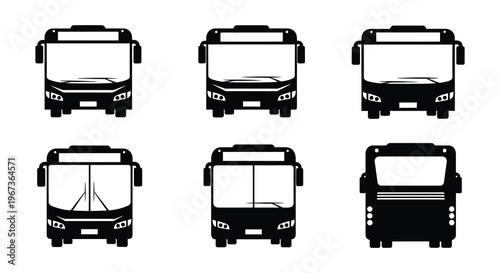 Six black silhouettes of buses displaying front side and rear views creating a transport design silhouette high quality professional detailed modern