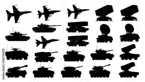 Military vehicle silhouettes set, 20 black army icons including tanks and fighter jets, armored war machine vector collection for tactical design