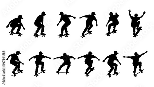 Skateboarder silhouette vector set, 12 black silhouettes of skaters performing tricks and jumps, extreme sports athlete icons for urban graphic design