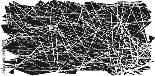 Diagonal white lines crisscross against a stark, black background, creating an abstract pattern. Straight chaotic random white line black background, Vector illustration.