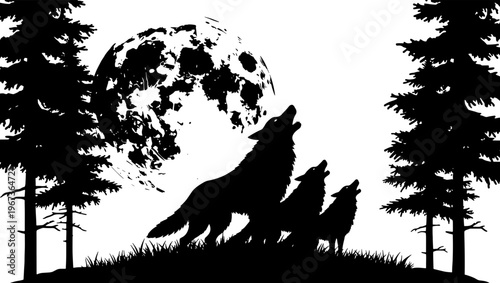 Wolf pack howling at the full moon silhouette vector, wild wolves in pine forest landscape, black and white animal nature scene illustration