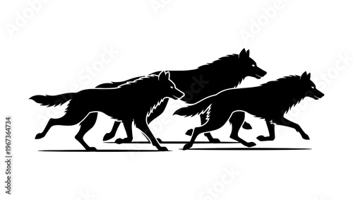 Running wolf pack silhouette vector, black wild wolves hunting in a group, minimalist animal predator silhouettes for outdoor branding