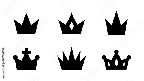 Minimalist crown icon set, 6 black royal tiara silhouettes, geometric king and queen headwear vector collection for luxury branding and logo design