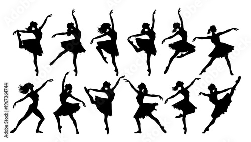 Graceful ballerina silhouette collection, 12 ballet dancer vector elements in various poses, elegant dancing woman figures for theater and arts