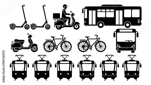 Urban transport icons set, black silhouette city vehicles including bus, tram, and scooter, public transportation and micro-mobility vector elements