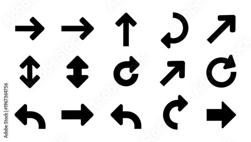 Minimalist black arrow icon set, 15 vector navigation symbols for interface design, bold directional pointers and refresh signs for web apps